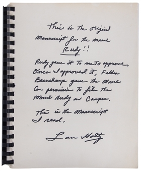 Lou Holtz Signed & Inscribed Original Manuscript for "Rudy" (Holtz LOA)